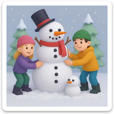 Show two different kids (different hair and clothing colors) building a snowman in a snowy background, keep the 3D emoji style sticker