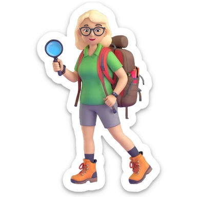 Very happy excited woman in her 40s with glasses wearing sporty outfit, hiking boots, and backpack, holding a magnifying glass sticker