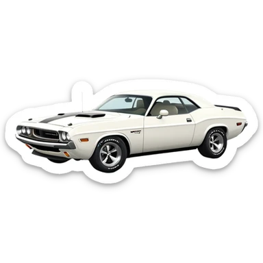 Precisely proportioned white 1971 Dodge Challenger, consistent 30-degree angle showing correct perspective of front and side, authentic muscle car structure, completely white exterior, iOS emoji style sticker