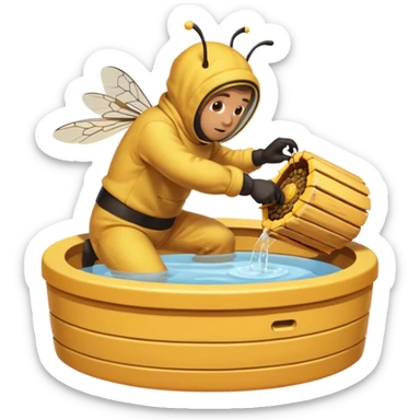 Man removing beehive from hot tub with bee had on sticker