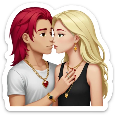 young 20 year old couple kissing, girl with long cherry red hair and dark blonde eyebrows wearing gold necklace with letter A, diamond gold ring, red bracelet and light clothes, boy with bright white hair wearing dark t-shirt and silver ring with black stone sticker