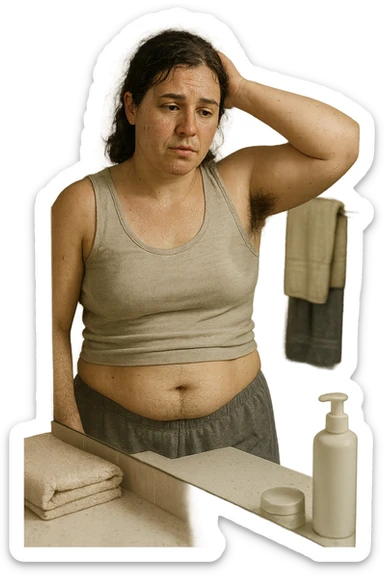 Donna tra i 25 e i 35 anni in un bagno o camerino, con espressione affaticata e leggermente imbarazzata, mentre si osserva allo specchio. È visibile una sudorazione abbondante sulla fronte e sotto le ascelle, e si notano peli più marcati su viso (mento o baffetti), addome e braccia. Indossa abiti leggeri o sportivi, e ha accanto a sé asciugamani e prodotti per la cura della pelle. Atmosfera realistica ma intima, con luce naturale e toni neutri. L'immagine trasmette consapevolezza, frustrazione e il desiderio di trovare soluzioni. Stile realistico, tono empatico e umano sticker