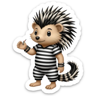 Laying down porcupine with black and white striped prison outfit, and ankle bracelet sticker