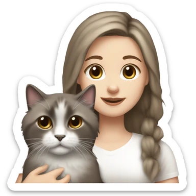 white girl brown hair girl with brown eyes with a grey and white seal fluffy ragdoll cat  sticker