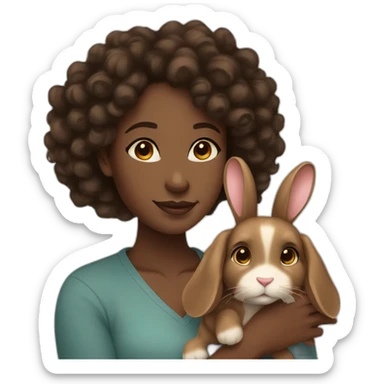 black woman long dark brown curly hair holding cute floppy eared light brown bunny sticker