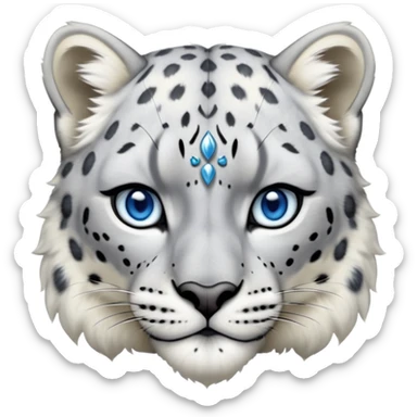 Cinematic-Noble-Snow-Leopard-Portrait-Emoji – Poised and majestic, with a muscular, agile build and a beautifully patterned coat of soft white and grey fur, marked with striking rosettes, deep-set, intelligent icy blue eyes, simplified yet sharp and sophisticated zoomed out showing the shoulders sticker