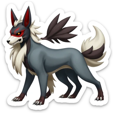 Shiny Exotic Excessive Mysterious Houndoom-Mightyena-Zorua-Zoroark-Zangoose-Houndour-Pokémon-Fakémon-hybrid-creature (full body) with a dog-skull-mask sticker