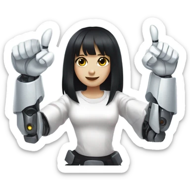 robot, robot girl, 1girl, dark hair, long black hair, bangs, black eyes, blunt black bangs, white shirt, hime cut, thumbs up sticker