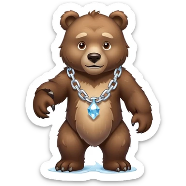 Fierce brown bear walking on four paws with an ice chain necklace, frozen chain links made of crystal clear ice, serious face sticker