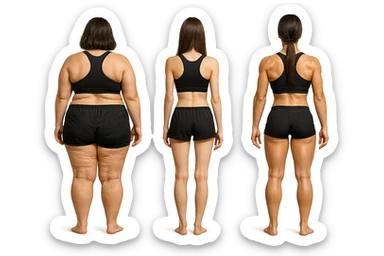 fai una donna di spalle in gym shorts leggermente sovrappeso e con cellulite e accanto una seconda donna di spalle magra (che è dimagrita post dieta) e accanto una terza donna in forma allenata e con le giuste proporzioni, l'immagine deve rappresentare il processo: da donna grassa, a donna piatta e magra, a donna allenata e in forma con i giusti muscoli, iperrealistico 4k sticker