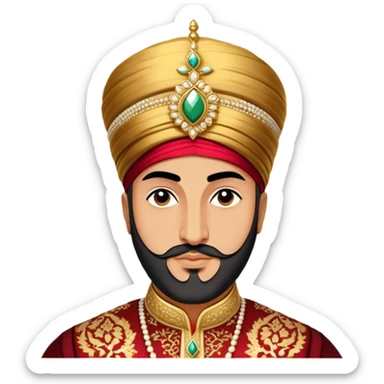 Suleiman the Magnificent – Cinematic Realistic Portrait of Suleiman the Magnificent, depicted as a regal Ottoman sultan in luxurious traditional attire with intricate patterns and a golden turban, his commanding gaze illuminated by warm, historic lighting, exuding majestic authority and timeless grandeur. sticker