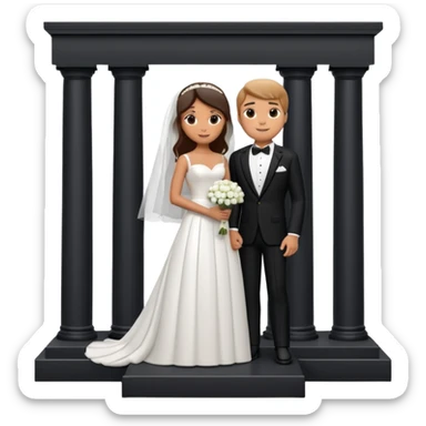 A 3D cartoon photo frame showing a formal courthouse wedding scene with a bride and groom standing together in front of white columns, neutral background, elegant lighting, realistic Memoji-style. sticker