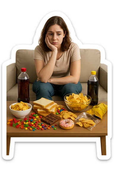 Donna tra i 25 e i 35 anni seduta sul divano o a un tavolo disordinato, circondata da cibi sparsi e poco sani: patatine, dolci, pane bianco, snack confezionati, bibite. con insulino resistenza sticker