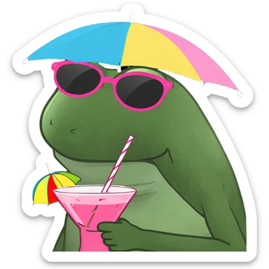 bufo frog with a rainbow umbrella hat, wearing round sunglasses, holding a pink cocktail sticker