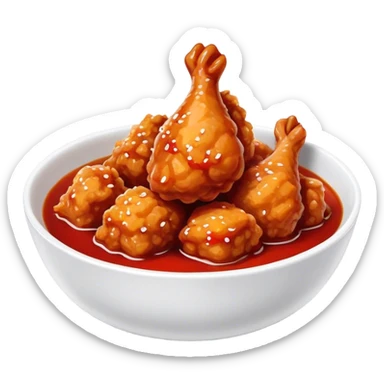Korean Fried Chicken Cinematic Realistic Korean Fried Chicken Dish Emoji, depicted as bite-sized chicken chunks generously coated in a glossy, spicy sauce, in a bowl. sticker