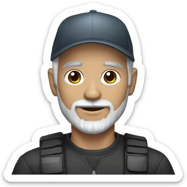 blue eyed man, with grey hair,  grey goatee, wearing ball cap, holding ‘all black long hair chihuahua’ sticker