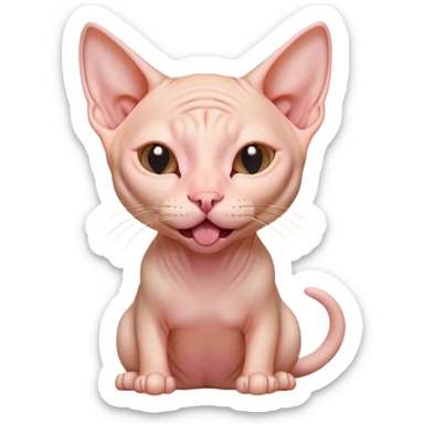 Cinematic Cute Yawning Sphynx Cat Portrait Emoji, Head tilted slightly with a dramatic, wide-open yawn, delicate, hairless skin in soft peach and pink tones, long, elegant limbs stretching lazily, piercing almond-shaped eyes that are barely open, Simplified yet irresistibly adorable features, highly detailed, glowing with a soft, cozy glow, high shine, relaxed yet expressive, stylized with a touch of whimsy, bright and endearing, soft glowing outline, capturing the essence of a sleepy yet affectionate kitty, so drowsy it feels like it could stretch right out of the screen and curl up for a nap! sticker