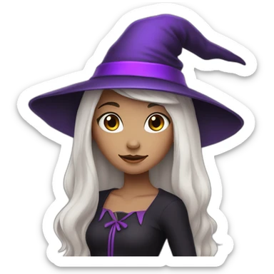 a young white brown thin girl with straight black hair dressed as a witch with purple hat sticker