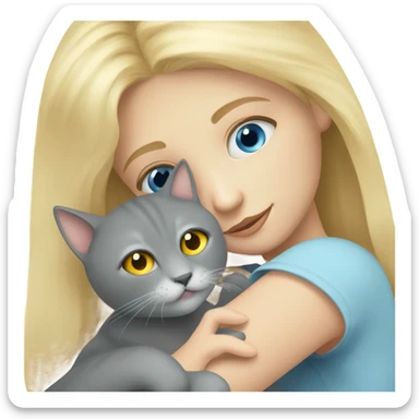 Blonde blue eyed girl hugs her grey cat with yellow eyes sticker