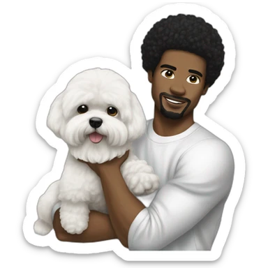 white man black hair,  rapper flexing with a bichon sticker