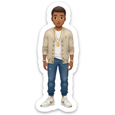 Handsome Black guy with brown skin tone, with muscular build, wearing long baggy dark denim jeans, a white t-shirt, a Burberry cardigan, white Nike sneakers, a gold watch, and a dainty chain sticker