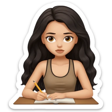a pretty bratz light dusky girl with long wavy black hair in a brown tank top studying tired sticker