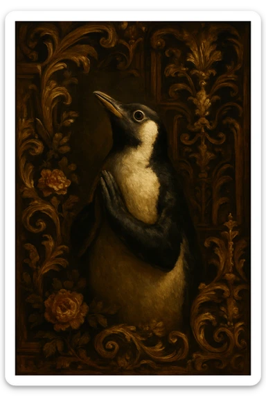 a penguin in baroque style, with dramatic lighting, looking upwards with flippers together in a pleading gesture, praying, surrounded by ornate baroque decorations sticker