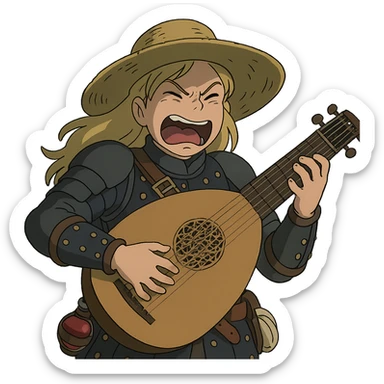 A female bard , blond hair, wearing brigandine armor with a sturdy straw hat, playing a fat medieval lute and singing, night time shadows, tool belt with red potion and bandages, mischievous grin, anger sticker