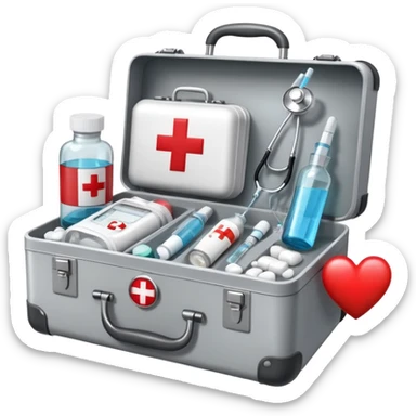 An icon featuring a medical suitcase with a red cross, a bottle of pills, a stethoscope, and a syringe, symbolizing medicine. The design includes a thermometer, bandages, and a heart monitor, representing healthcare and medical treatment. Transparent background highlights the science of healing. sticker