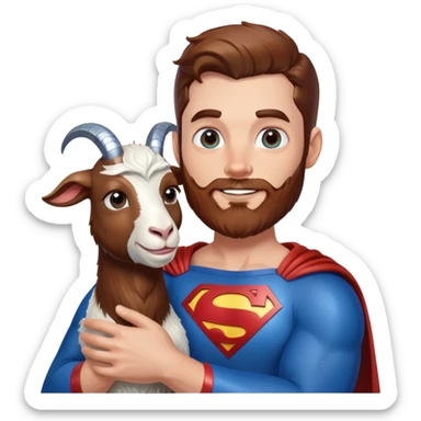 Adult Superman with redish brownish full beard with his arm around a glitter blue happy goat sticker