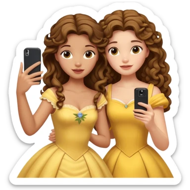 Haz un dos chicad una la princesa Bella de Disney y la otra uo con el pelo rizado largo haciendose un selfie como si et UVI ETB en el perquè de isney sticker