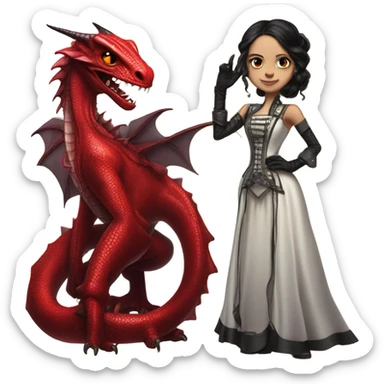 Lavish Victorian evening gown with gloves, Jenna Ortega as Addams girl Jedi wearing a steampunk mini tiara, standing next to a very large blood red evil-looking horned dragon sticker