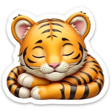 Meme-Worthy cute Sleeping Tiger Cub Portrait Emoji, Head resting peacefully with a contented smile, showcasing a luxuriously soft, striped form and eyes gently closed in serene slumber, Simplified yet comically adorable features, highly detailed, glowing with a soft, drowsy wild light, high shine, relaxed and utterly lovable, stylized with an air of playful laziness, bright and heartwarming, soft glowing outline, capturing the essence of a sleeping tiger cub that feels destined to become the next viral icon of adorable rest! sticker