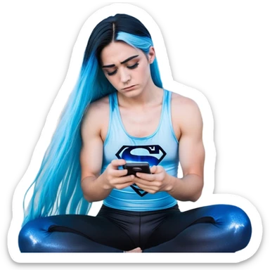 Shameful disappointed crying-very very very very big chest-texting on a samsung cell phone-very long straight flowing black to sky blue hair ombre-blue eyes-black eyeliner-long eyelashes-plastic sparkling sky blue very low cut tank top with sparkling superman logo-black leggings-nike sneakers sticker