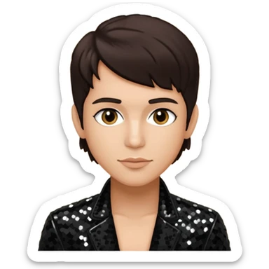 Frankie Zulferino, Pop Singer (b.1990) with dark brown hair, black sequin outfit, light tan skin sticker