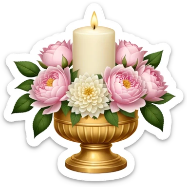 An elegant ivory candle in a golden holder, surrounded by a lush bouquet of soft pink roses, white peonies, and blush dahlias, flickering gently in the dim candlelight. sticker