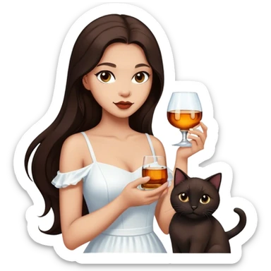 Beautiful woman in 1950’s woman fashion look, white dress, long dark brown hair, whisky with ice, black cat sticker