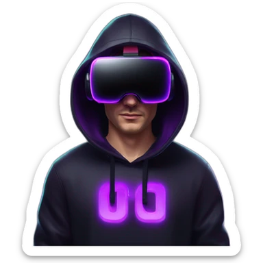 Russian man in the black hoody with violet OMG VR logo on it wearing vr headset oculus quest 2. Cyberpunk style. Violet neon. sticker