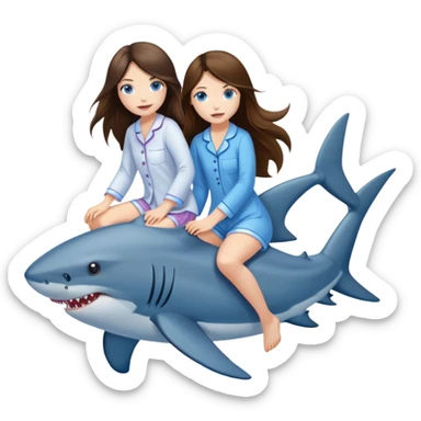 two brunette long hair girl blue eyes in pyjamas riding two shark sticker