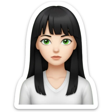A white woman with Long straight hair with bangs, black hair, green eyes and a low-cut shirt sticker