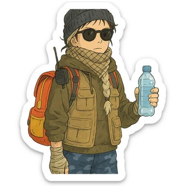 1 female, long white braid, knit cap, dark sunglasses, shemegh neckwrap, fishing vest, vibrant shool backpack, drab hoodie, handwraps, blue camo pants, handheld radio clipped to shoulder, unkempt, holding a bottle of water sticker