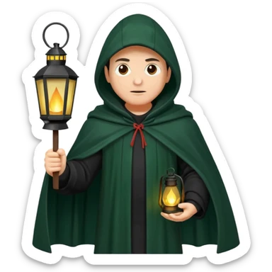 traitor tv show, person wearing dark green cloak with hood up who looks evil and is holding up a lantern sticker
