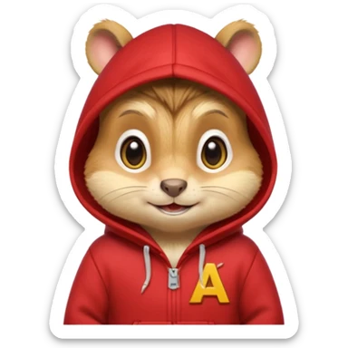 Portrait of a cartoon chipmunk with light brown and beige fur, wearing a red hoodie with a yellow 'A' on it, big round eyes, small nose, and a mischievous grin, front-facing, stylized in animated movie style sticker