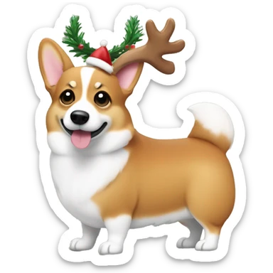 Corgi with reindeer antlers, standing proudly beside a tiny Christmas tree with ornaments sticker