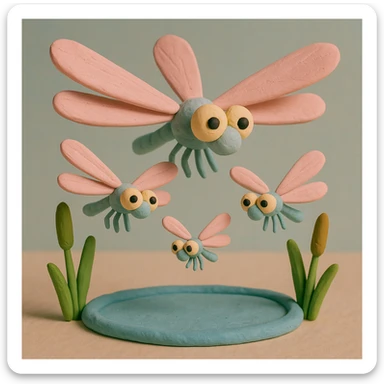 claymation style dragonfly family, two large and two small dragonflies hovering together above a pond, soft pastel colors, playful and gentle scene sticker