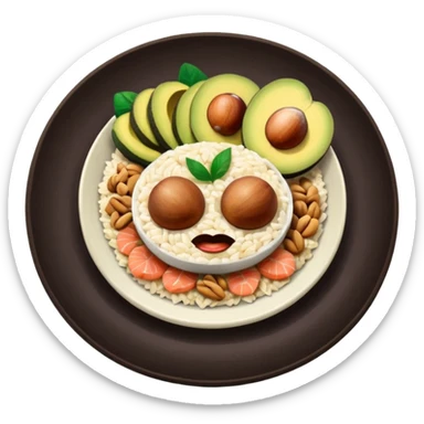 plato con comida variada granos aguacate rebanado salmon nueces arroz

 sticker