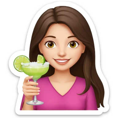 happy long haired brunette girl hazel eyes in light pink holding a margarita   sticker