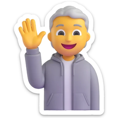 Make the character smile and wave, keep the same 3D emoji style, wearing a grey jacket, with a neutral background. sticker