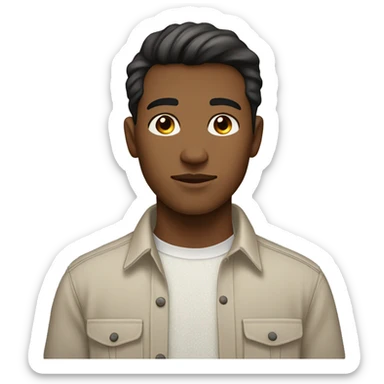 Young man with medium skin tone, neutral expression, short dark hair, wearing a light-colored button-up shirt with small dots. Simple white background. sticker