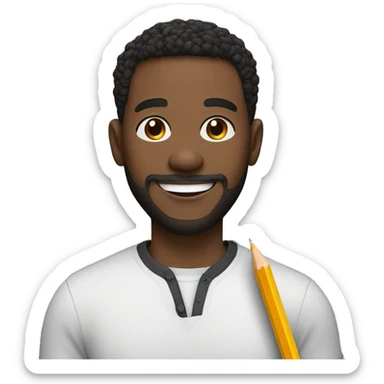 smiling black man with short hair and short beard with a pencil on his hand sticker